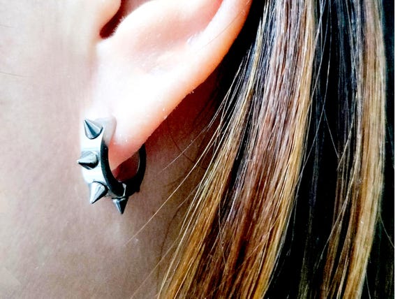 Silver Hoop Spike Hook Stud Clip on Earrings, Gothic Spike