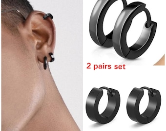 2 pairs of Surgical Stainless Steel Hoops Earrings Black Silver Hinged Round Earrings