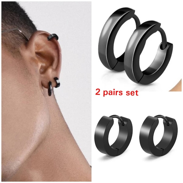 2 pairs of Surgical Stainless Steel Hoops Earrings Black Silver Hinged Round Earrings
