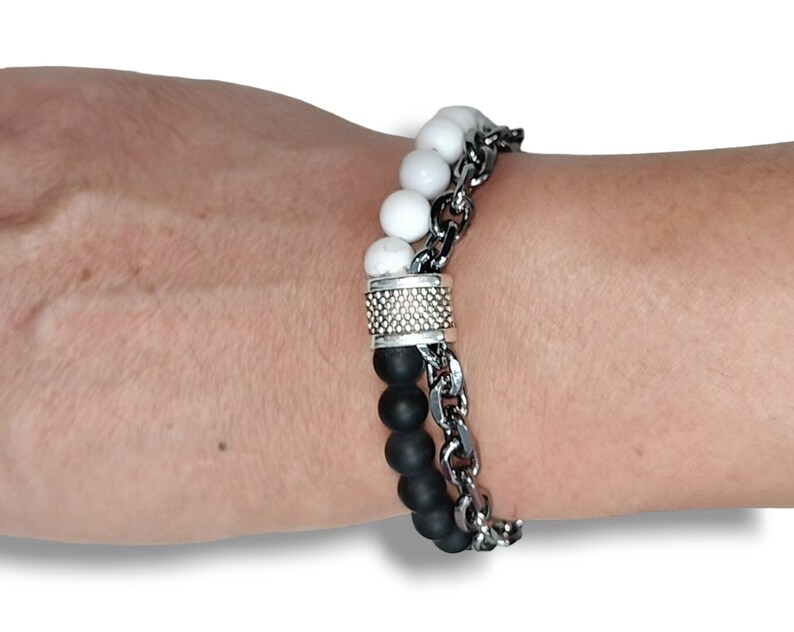 Natural Gemstone Bracelet With Stainless Steel Chain Link Black And White Bracelets image 1