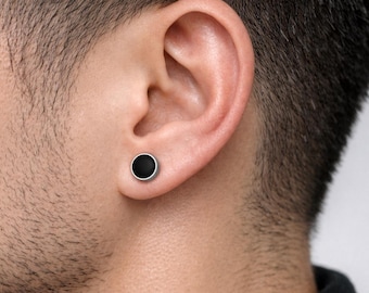 Black Round Stud Earrings, Surgical Steel Screw Backs