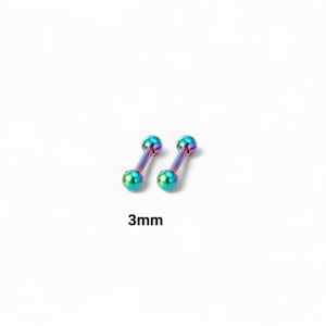 May include: Two iridescent barbell earrings with a 3mm diameter, featuring a vibrant spectrum of colors. The earrings have a ball on each end and a straight post in the middle. The background is plain white.