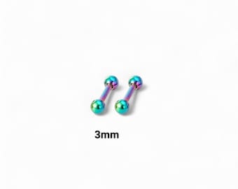 May include: Two iridescent barbell earrings with a 3mm diameter, featuring a vibrant spectrum of colors. The earrings have a ball on each end and a straight post in the middle. The background is plain white.