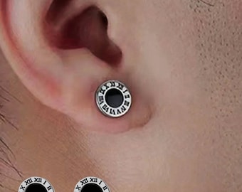 316L Stainless Steel Roman Numerals Black Dot Silver Stud Earrings 8mm diameter