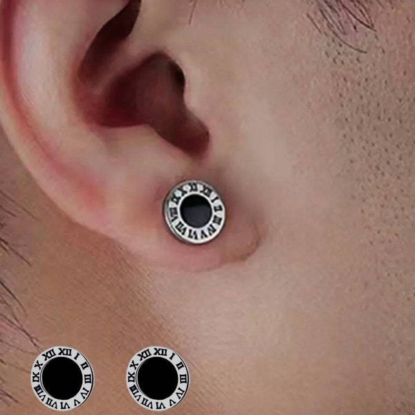 316L Stainless Steel Roman Numerals Black Dot Silver Stud Earrings 8mm diameter