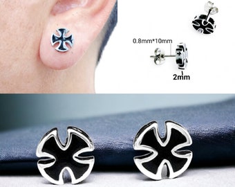 Vintage Style Cross Black and Silver Stud Earrings Stainless Steel Pair Of Earrings