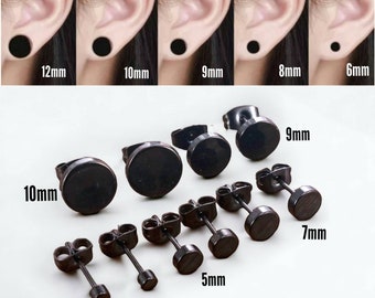 Pendientes negros de acero inoxidable, redondos, negros, sencillos, para hombre