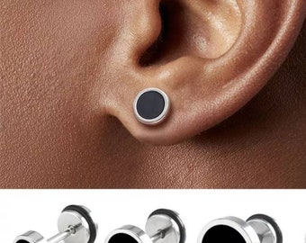Stainless Steel Round Silver  Black Ear Studs Earrings Screw back Stud PAIR