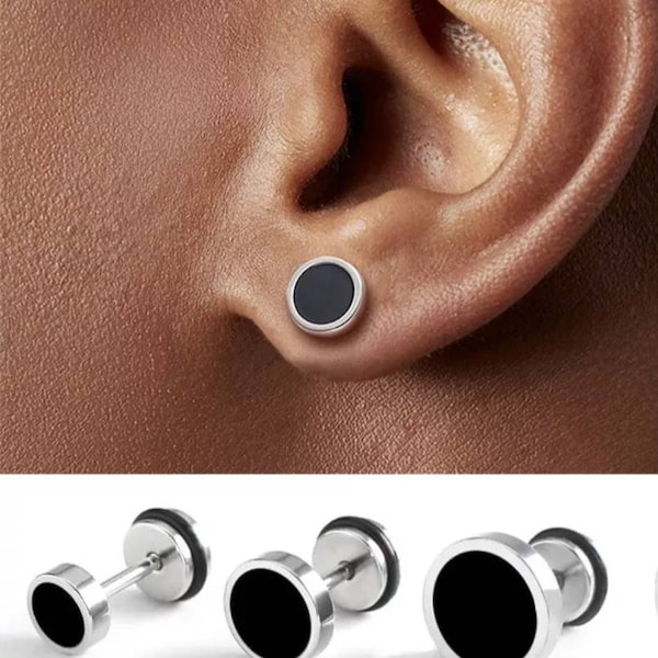 Stainless Steel Round Silver  Black Ear Studs Earrings Screw back Stud PAIR