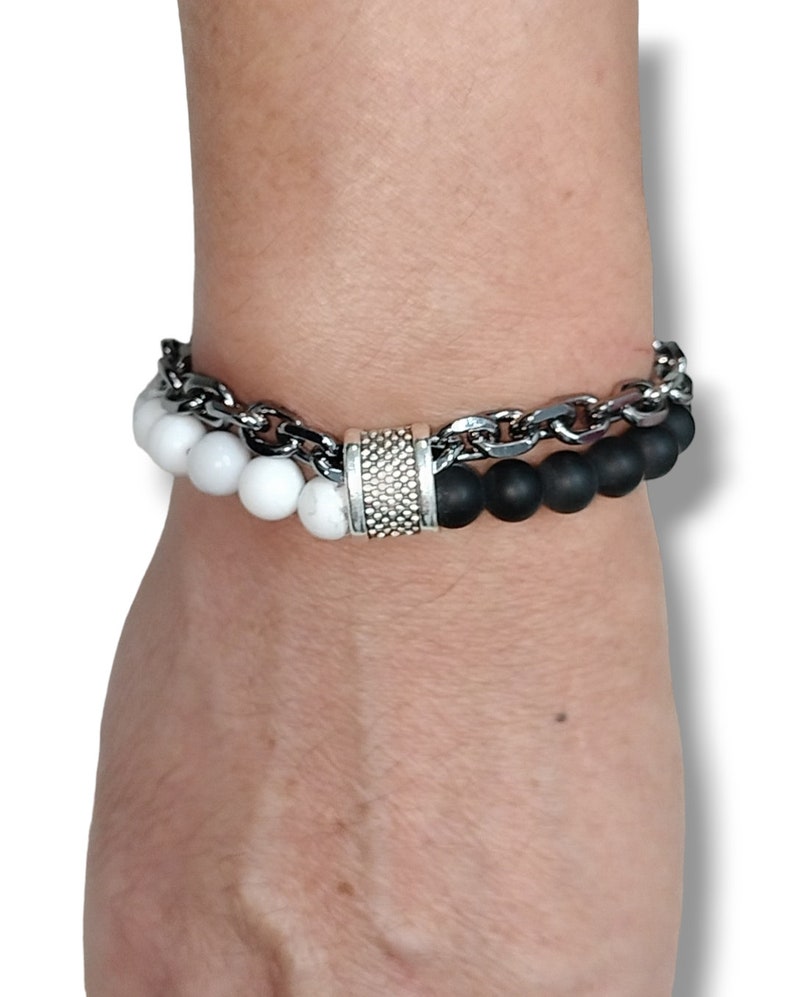 Natural Gemstone Bracelet With Stainless Steel Chain Link Black And White Bracelets image 2