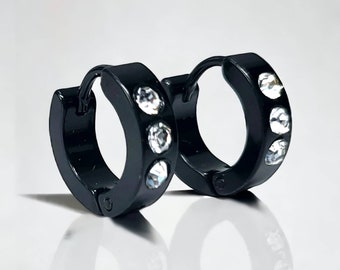 Stainless Steel Black Hoop Earrings With Three Round Cubic Zirconia Men Women Earrings PAIR