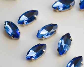 Royal blue rhinestones Marquise Shape 5x10, Set of 15, Sew on blue crystals, Silver claws Rhinestones For Jewelry