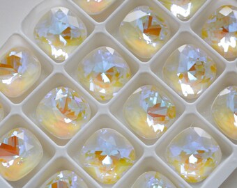 Cojín cuadrado amarillo claro de diamantes de imitación: punta de cristal de 12 mm