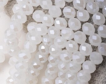 Creamy White Electroplate Glass Beads, Imitation Jade Beads, Pearl Luster Plated, Faceted, Rondelle, 8x5mm (36 beads)