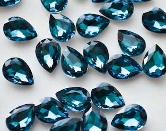 Blue rhinestones Teardrop Shape 7x10mm, Set of 10, Teal color glass crystals Pear shape , Silver Back, Crystals  For Jewelry