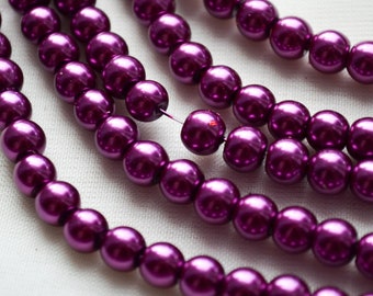 Fuchsia color round pearl beads, 6 mm, Magenta color pearl beads, Hight quality pearls, Imitation pearls glass beads, Jewelry making supply