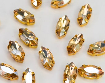 Champagne gold rhinestones Marquise Shape 5x10, Set of 15, Sew on gold crystals, Gold claws Rhinestones For Jewelry