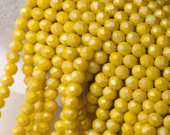 Yellow Czech Crystal Rondelle, 6mm, Electroplate Glass Beads, Opaque Solid Color, AB Color Plated, Faceted,  50 beads