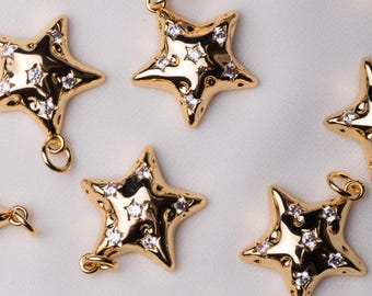 Star Charms, Clear Cubic Zirconia Pendants, Gold color Charms, 18K Gold Plated, Jewelry making supply