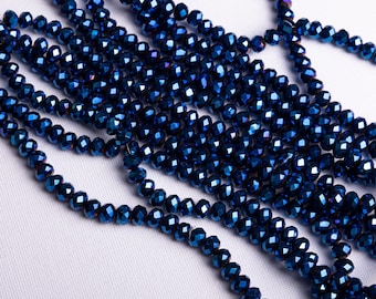 Dark Blue Crystal Rondelle Beads, Czech Faceted Glass, 6mm