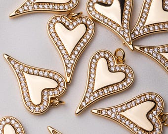 Heart Charms, Brass Clear Cubic Zirconia Pendants, 18K Gold Plated, Jewelry making supply
