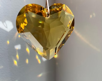 Sun Catcher Heart, Yellow Heart Crystal Prism, Rainbow Maker, Window Decor, Car Mirror Charm Sun Catcher,Home Decor, Bohemian Crystal,Gift