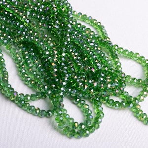 Rondelle Crystal  beads, 6 mm, Green crystal beads, Faceted Transparent glass beads, AB color Czech beads, Jewelry making supply