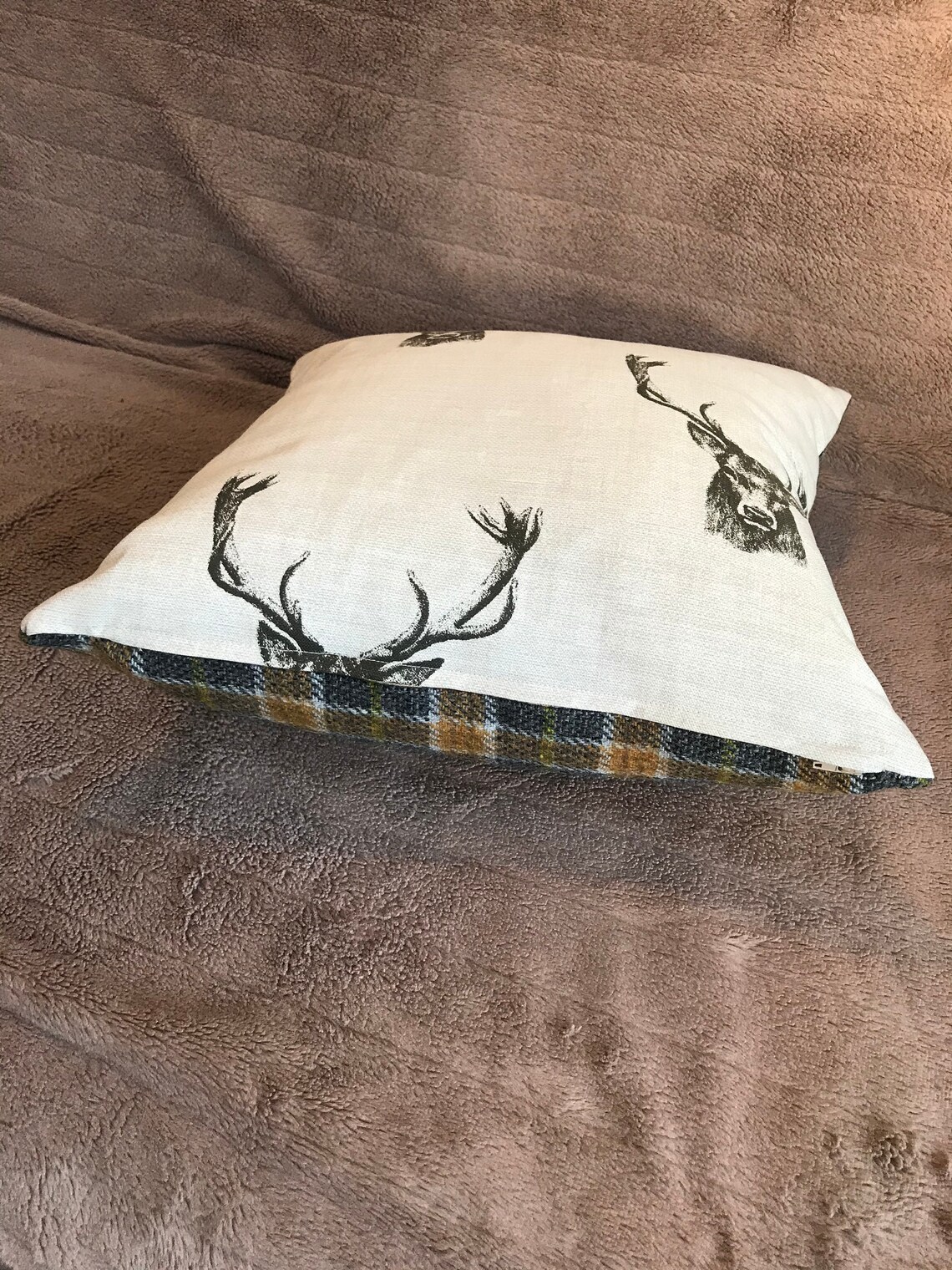 Stag Head Cotton Cushion Cover With Check Wool Material on the Etsy