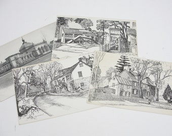 Vintage black and white ink line drawing postcards