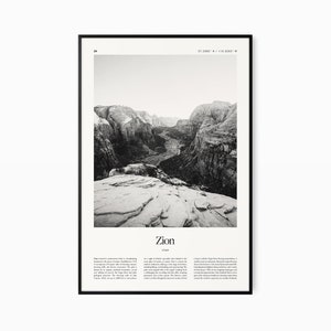 Impressão de pôster de Zion - Impressão em preto e branco - Pôster de viagens vintage - Zion, Utah - Impressão, emoldurado ou download digital