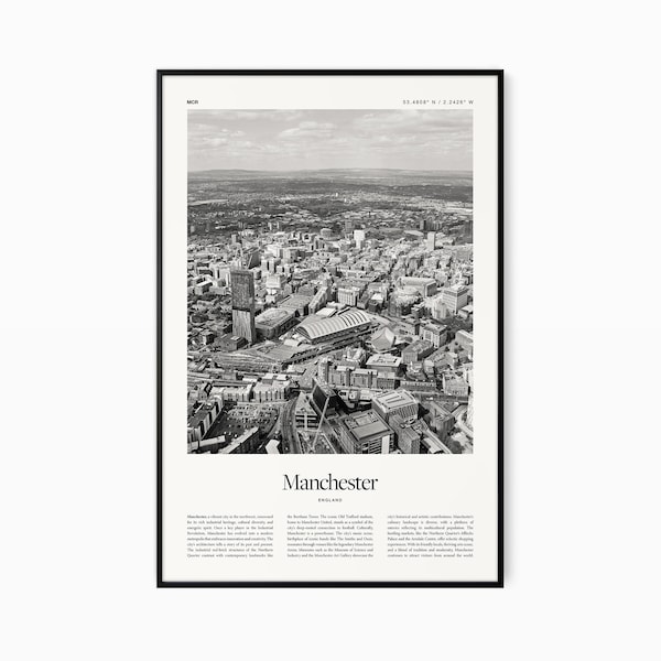 Manchester Poster Print - Black and White Print - Vintage Travel Poster - Manchester, England - Print, Framed or Digital Download