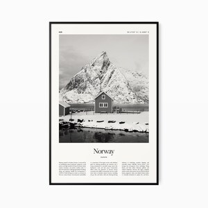 Impressão de pôster da Noruega - Impressão em preto e branco - Poster de viagens vintage - Noruega, Europa - Impressão, emoldurado ou download digital