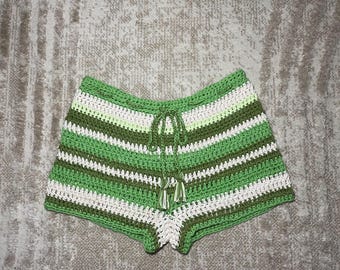 Green Crochet Shorts, Striped Crochet Summer Shorts, Festival Shorts, Custom Beach Shorts, Knit Lounge Shorts, Mini Shorts, Size Medium