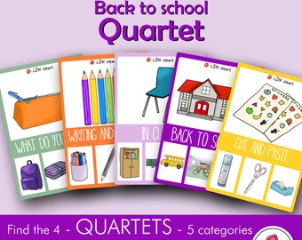 Quartet BACK TO SCHOOL game, a fun activity to practice new words | For Slp, Preschool, Kindergarten, Montessori, Homeschool, Sped...