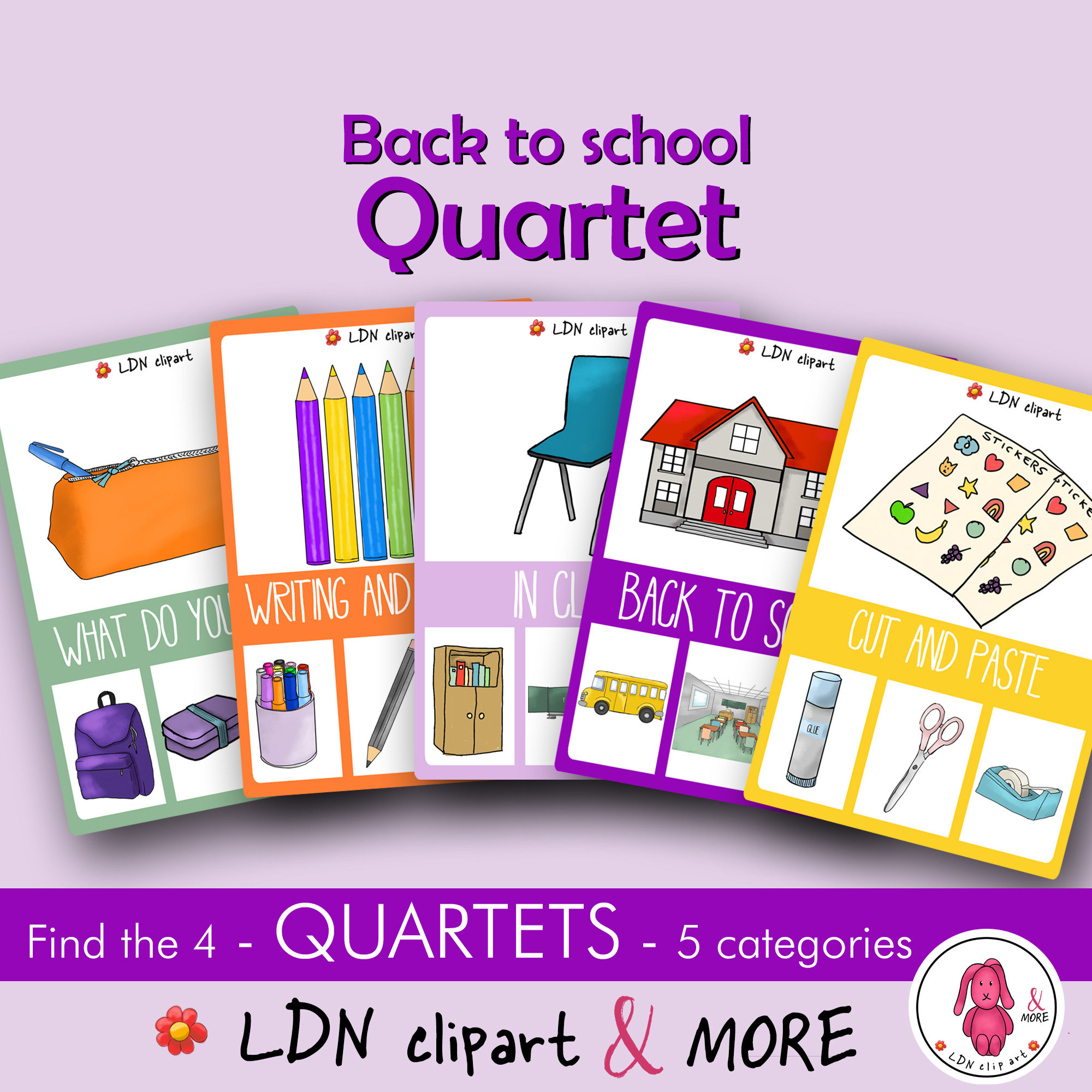 Quartet BACK TO SCHOOL game: a Go Fish-style activity | For Speech Therapist • School • Teacher • Montessori • Kindergarten • Homeschooling