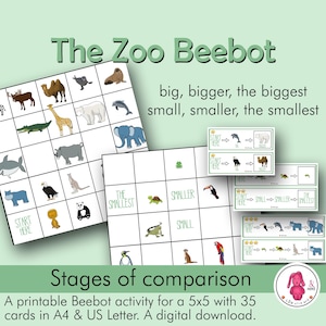 Op de afbeelding: Een printbare Beebot-activiteit voor het onderwijzen van groottevergelijkingen. De activiteit bevat een 5x5-raster met 35 kaarten met dieren uit de dierentuin. De kaarten zijn ontworpen om te worden gebruikt met een Beebot-robot. De tekst "The Zoo Beebot" staat bovenaan de afbeelding. De tekst "big, bigger, the biggest, small, smaller, the smallest" staat onder het raster. De tekst "Stages of comparison" staat onderaan de afbeelding. De tekst "A printable Beebot activity for a 5x5 with 35 cards in A4 & US Letter. A digital download." staat onder de tekst "Stages of comparison".