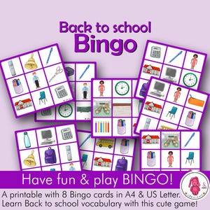 ¡Bingo de regreso a clases! 8 tarjetas • Juega al juego imprimible • Actividad divertida • Terapeuta del habla • Maestro • Montessori • Preescolar - Educación en el hogar