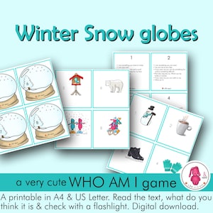 Puede incluir: Un juego imprimible de "¿Quién soy yo?" con imágenes de temática invernal. El juego incluye una variedad de artículos relacionados con el invierno, como bolas de nieve, un muñeco de nieve, una casa para pájaros y una taza de chocolate caliente. El juego está diseñado para niños y es una forma divertida de aprender sobre el invierno.