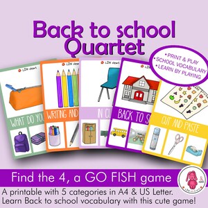 Kwartet BACK to SCHOOL spel • Printbaat Go fish kaartspel • Educatief Lesmateriaal • Logopedie • Woordenschatspel • Kleuters & Basisschool
