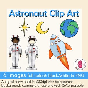 Clip Art de ASTRONAUTA con la Tierra, la Luna, la Estrella Polar, 2 astronautas y un cohete | Descarga digital de 300 ppp | PNG | uso comercial