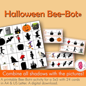 Peut inclure: Activité imprimable Bee-Bot sur le thème d'Halloween avec une grille 5x5 et 24 cartes. Les cartes présentent des illustrations d'Halloween, notamment des citrouilles, des chauves-souris et des sorcières. Le texte dit "Combinez toutes les ombres avec les images!"