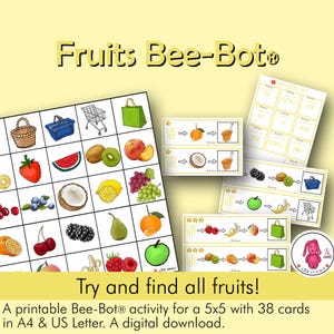 May include: A printable Bee-Bot activity for kids to learn about fruits. The activity includes 38 cards with images of different fruits, a shopping cart, a basket, and a bag. The cards are arranged in a 5x5 grid. The activity is designed for use with a Bee-Bot robot.
