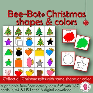 Puede incluir: Una actividad imprimible con temática navideña para un robot Bee-Bot, con formas y colores. El diseño incluye una cuadrícula de formas y cajas de regalo coloridas, junto con muestras de color. El texto dice "Bee-Bot Christmas shapes & colors."