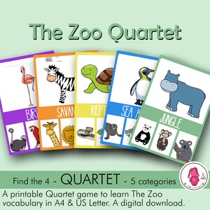 Op de afbeelding: Een printbaar kwartet-spel met een zoo-thema met vijf categorieën: vogels, savannedieren, reptielen, zeedieren en jungledieren. Het spel bevat kleurrijke illustraties van dieren en de categorieënnamen.