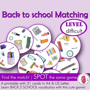Juego de correspondencias de VUELTA AL COLE • Actividad estilo Spot it / Dobble • Terapeuta del habla • Maestro • Montessori • Educación especial - Preescolar - Educación en el hogar
