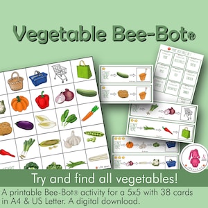 Puede incluir: Una actividad Bee-Bot imprimible para enseñar a los niños sobre las verduras. La actividad incluye 38 tarjetas con imágenes de diferentes verduras, una cuadrícula de 5x5 y instrucciones de uso. Las tarjetas están diseñadas para ser utilizadas con un robot Bee-Bot.