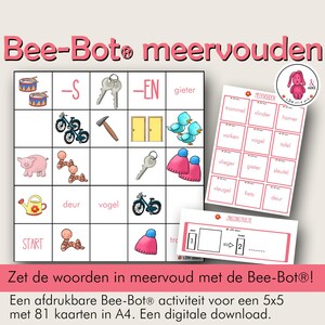 May include: A Bee-Bot® activity for teaching plural nouns in Dutch. The game board features a grid with images and words, and a separate card set with plural nouns. The game board includes a start square and a finish square. The game board is designed for use with a Bee-Bot® robot.