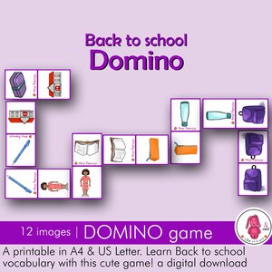 Peut inclure: Un jeu de dominos imprimable sur le thème de la rentrée des classes avec 12 images. Les images comprennent un bâtiment scolaire, un sac à dos, un crayon, un livre, une bouteille d'eau et une trousse à crayons. Le jeu est conçu pour aider les enfants à apprendre le vocabulaire de la rentrée des classes.