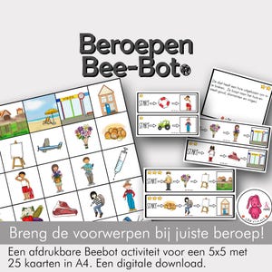 Può includere: Un set di schede didattiche con il titolo "Beroepen Bee-Bot". Le schede presentano illustrazioni di varie professioni e oggetti, con il testo "Porta gli oggetti alla professione corretta!" in basso.