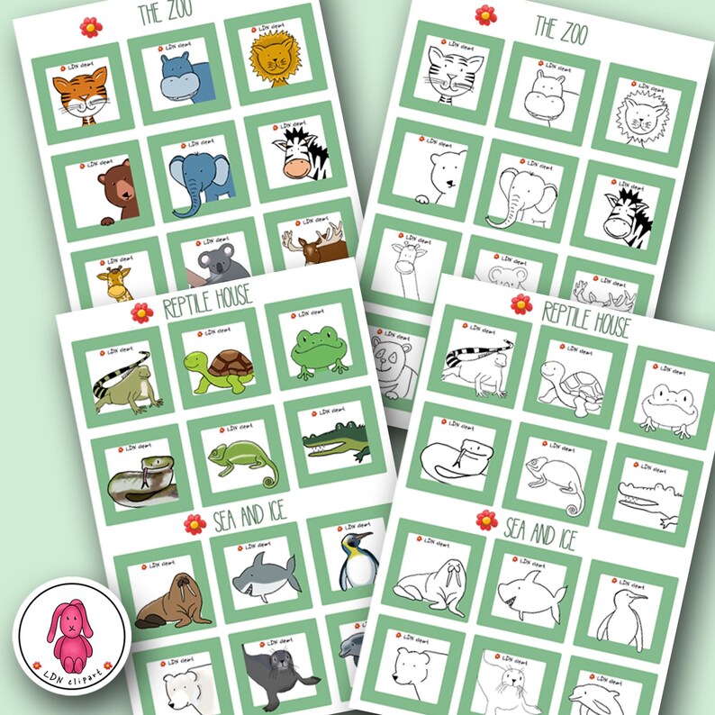 May include: A collection of illustrated animal cards, including a tiger, hippo, lion, bear, elephant, zebra, koala, moose, giraffe, frog, turtle, crocodile, shark, penguin, and walrus. The cards are labeled "The Zoo", "Reptile House", and "Sea and Ice".